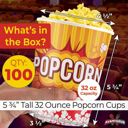 Leakproof, Super Durable 32oz Popcorn Cups 100 Pack. Grease-Proof Disposable Pop Corn Tubs With Cool Design Are the Ultimate Movie Theater Accessory. Large Containers Great for Any Party or Event