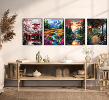 Diamond Art Kits for Adults, 4 Packs Landscape Diamond Art Painting Kits for Adults, Diamonds Painting Kit for Adult, 5D DIY Full Round Drill Gem Craft for Adult Gifts, Home Wall Decor 11.8" x 15.7"