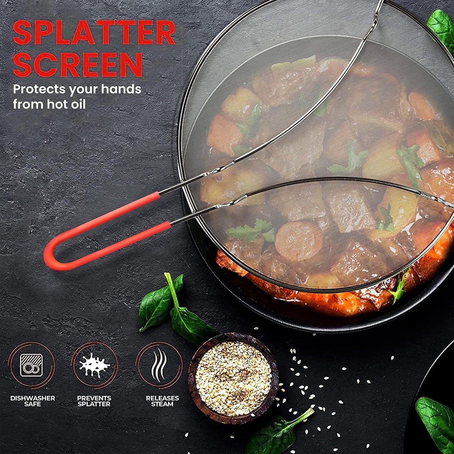 13" Grease Splatter Screen for Cooking | Stainless Steel Oil Splatter Guard and Ultra-Fine Mesh Protects Skin from Burns | Silicone Red Handle