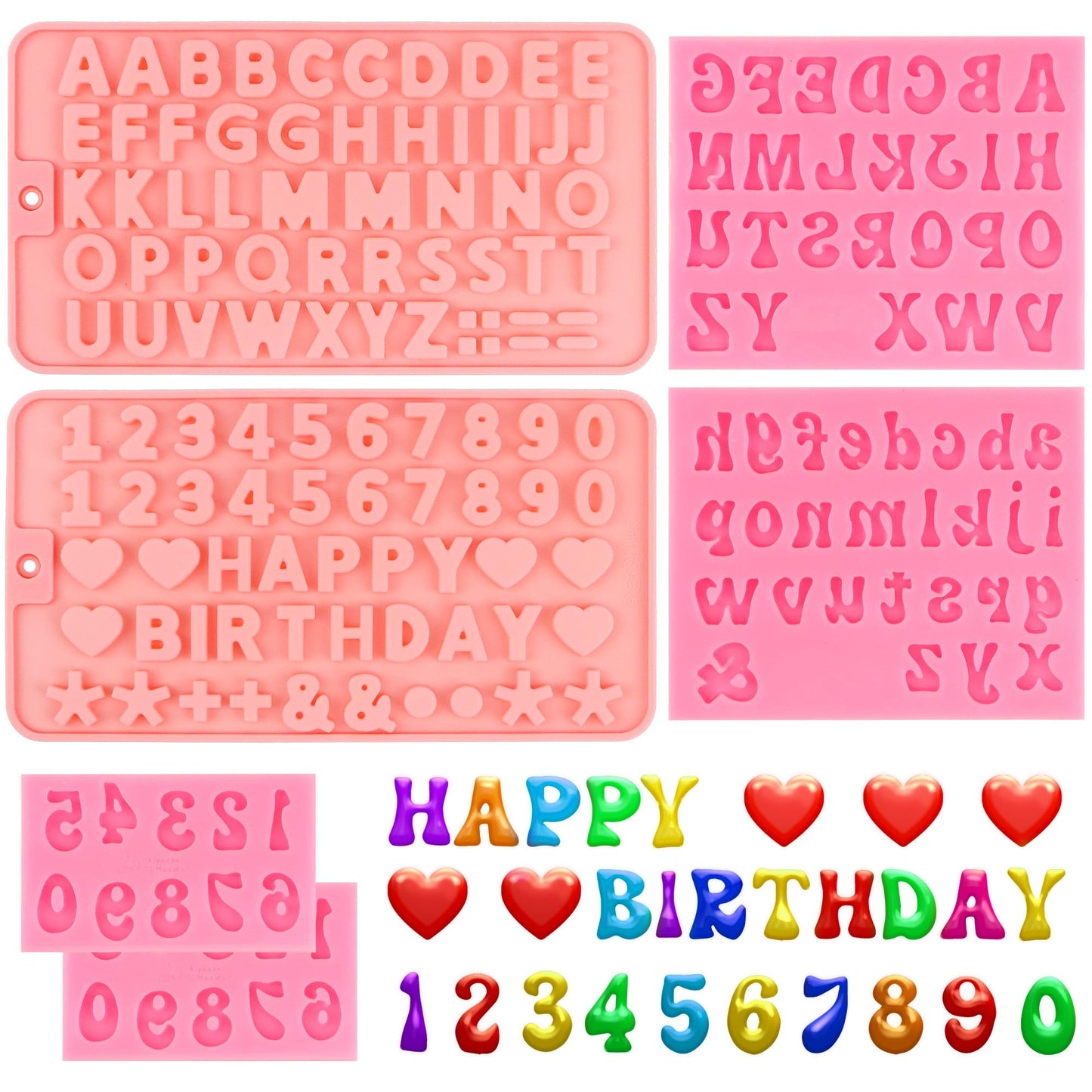 6PCS Chocolate Molds, Letters Numbers Silicone Chocolate Molds Reusable Alphabet Candy Molds with Happy Birthday Heart Shaped for Baking Desserts and Strawberries, Candy, Cake Decoration