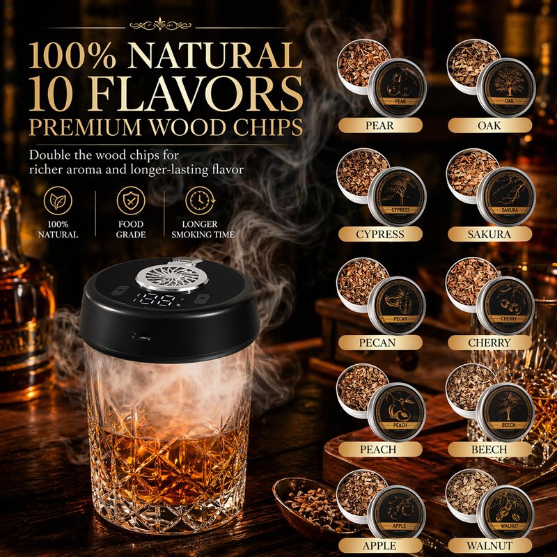 Electric Whiskey Smoker Kit, Torch-Free Rechargeable Cocktail Smoker with 7 Color Lights, All-in-1 Gift Set with 2 Wooden Whiskey Glasses, 10 Wood Chips, Ice Molds & Steel Cubes for Men, Dad