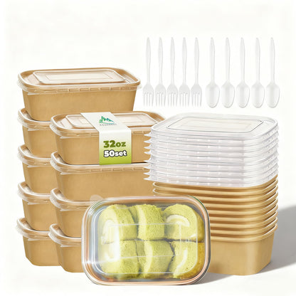Kaderron 50 Pack 32 OZ Large Paper Bowls with Lids【with Spoons and Forks】, Heavy Duty Disposable Meal Prep Containers for Party, Disposable Bowls Bulk Soak-Proof and Microwave Safe for Hot/Cold Use