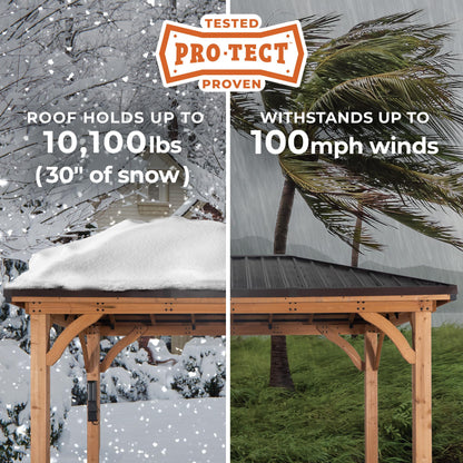 Backyard Discovery Barrington 16' x 12' Cedar Wood Outdoor Gazebo Pavilion with Hardtop Galvanized Steel Hip Roof, Snow Support, Wind Resistance, PowerPort, Shade for Garden, Patio, Deck, Entertaining