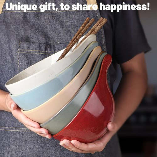 Artena Ramen Bowl Set - 42oz Ceramic Noodle Bowl with Chopsticks | Dishwasher & Microwave Safe, Blue Gourd Design