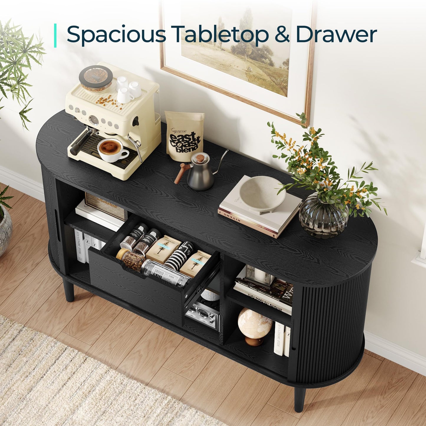 LINSY HOME Sideboard Buffet Cabinet with Storage, 55" Fluted Coffee Bar Cabinet with Tambour Sliding Doors and Drawer, Mid Century Modern Wood Storage Buffet Table for Kitchen (Black)