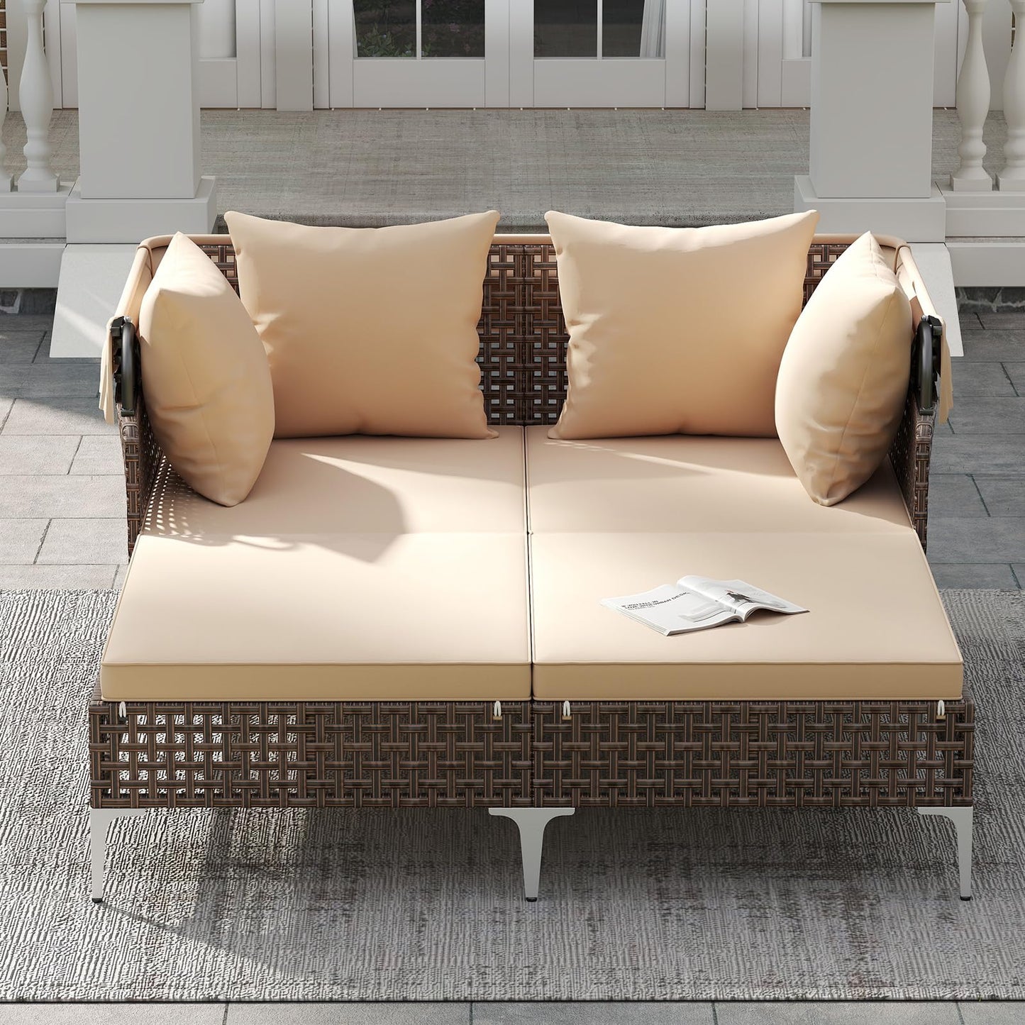 HAPPYGRILL Outdoor Daybed with Retractable Canopy, PE Wicker Rattan Patio Double Chaise Lounger with Cushions, Outside Sunbed Furniture for Garden, Poolside and Backyard (Beige)