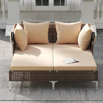 HAPPYGRILL Outdoor Daybed with Retractable Canopy, PE Wicker Rattan Patio Double Chaise Lounger with Cushions, Outside Sunbed Furniture for Garden, Poolside and Backyard (Beige)