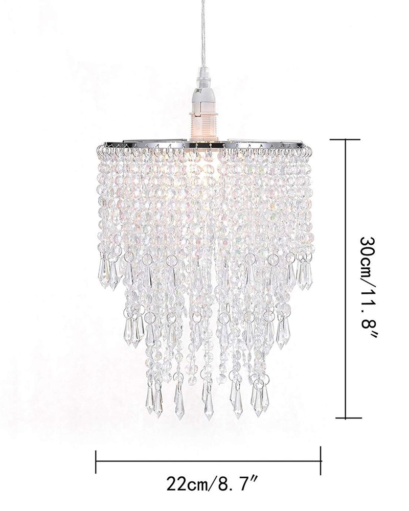 Waneway 3 Tiers Ceiling Chandelier Pendant Light Shade with Acrylic Jewel Droplets, Beaded Lampshade with Chrome Frame and Clear Beads, Diameter 8.7 inches, Clear