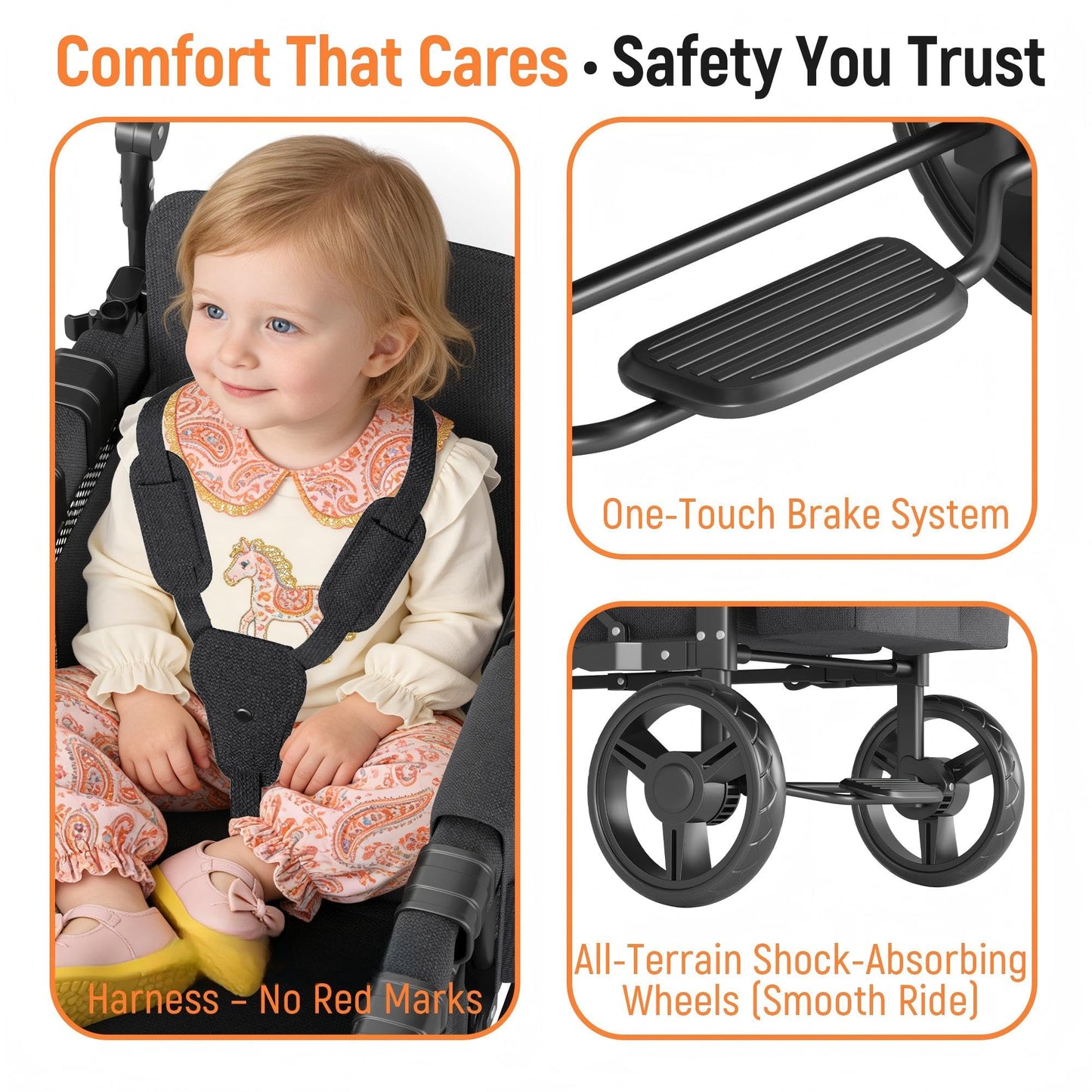 VELUVIA Wagon Stroller Outdoor for 2 Kids - Double Toddlers Stroller with Canopy & Removable Seat Pads, 2 Seater Push Pull Wagon One-Hand Fold, Shock-Absorbent Wheels & Safety Harness, Black