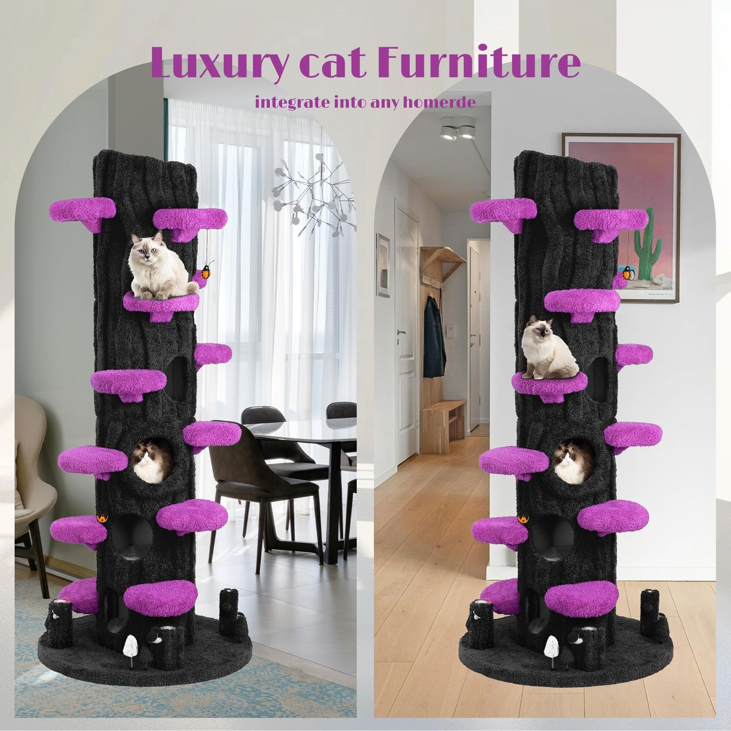 KAMABOKO 90.5" Tall Cat Tree for Indoor Cats, Large Cat Tower with Luxury Cat Condo, Cat Tree Tower with Soft Cushion, Scratching Board, Plush Platform＆ Top Perch, Purple