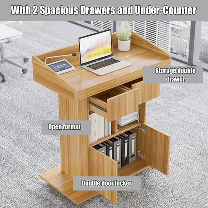Lectern Solid Wood Podiums Floor Standing Podiums Rolling Podium with Wheel Church Podium and Pulpits Mobile Speaking Lectern with Wire Holes and Storage (White, 39.4″×19.68″×44″)