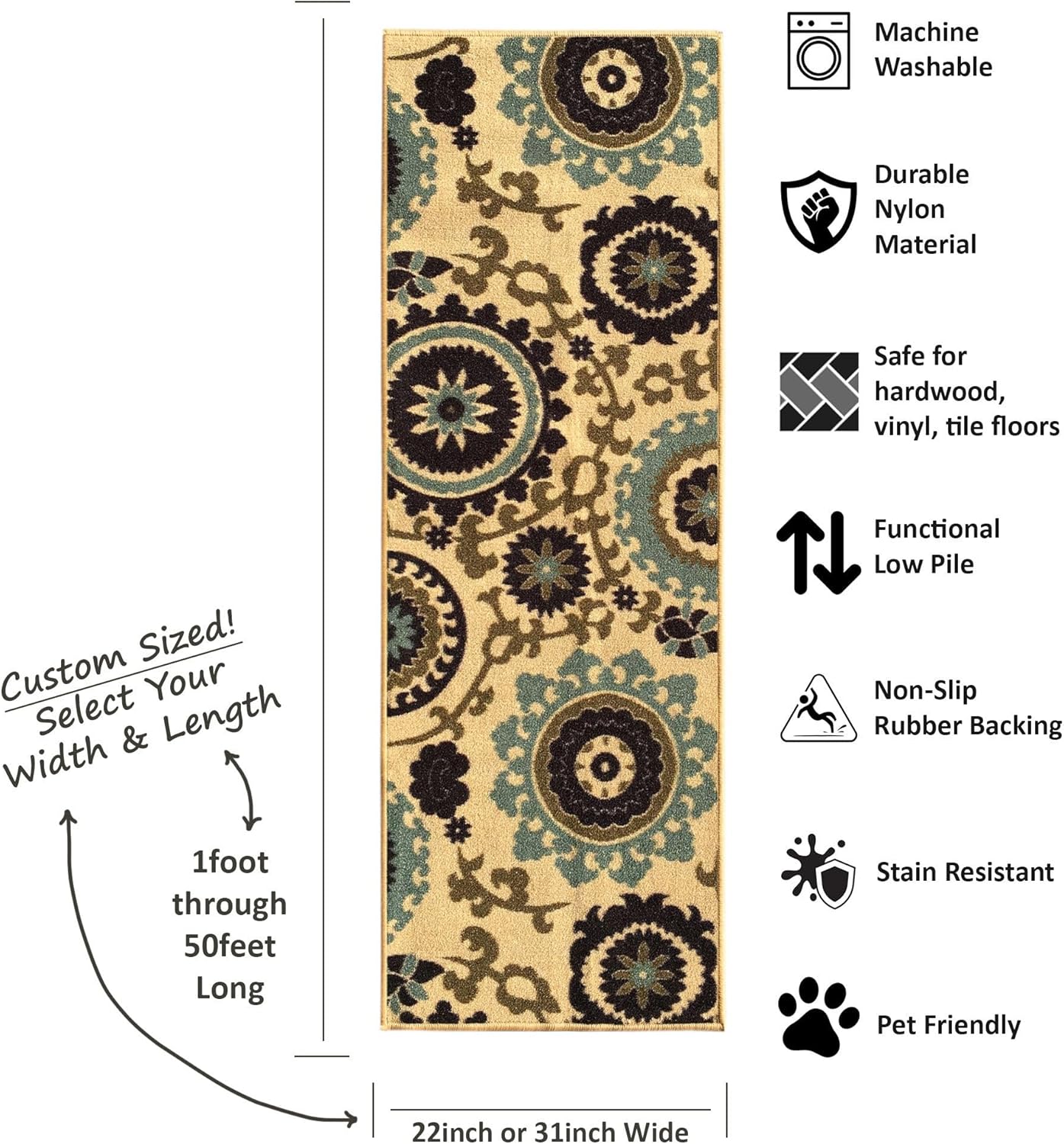Custom Size Beige Floral Medallion Rubber Backed Non-Slip Hallway Stair Runner Rug, 31 Inch Wide, Choose Your Length