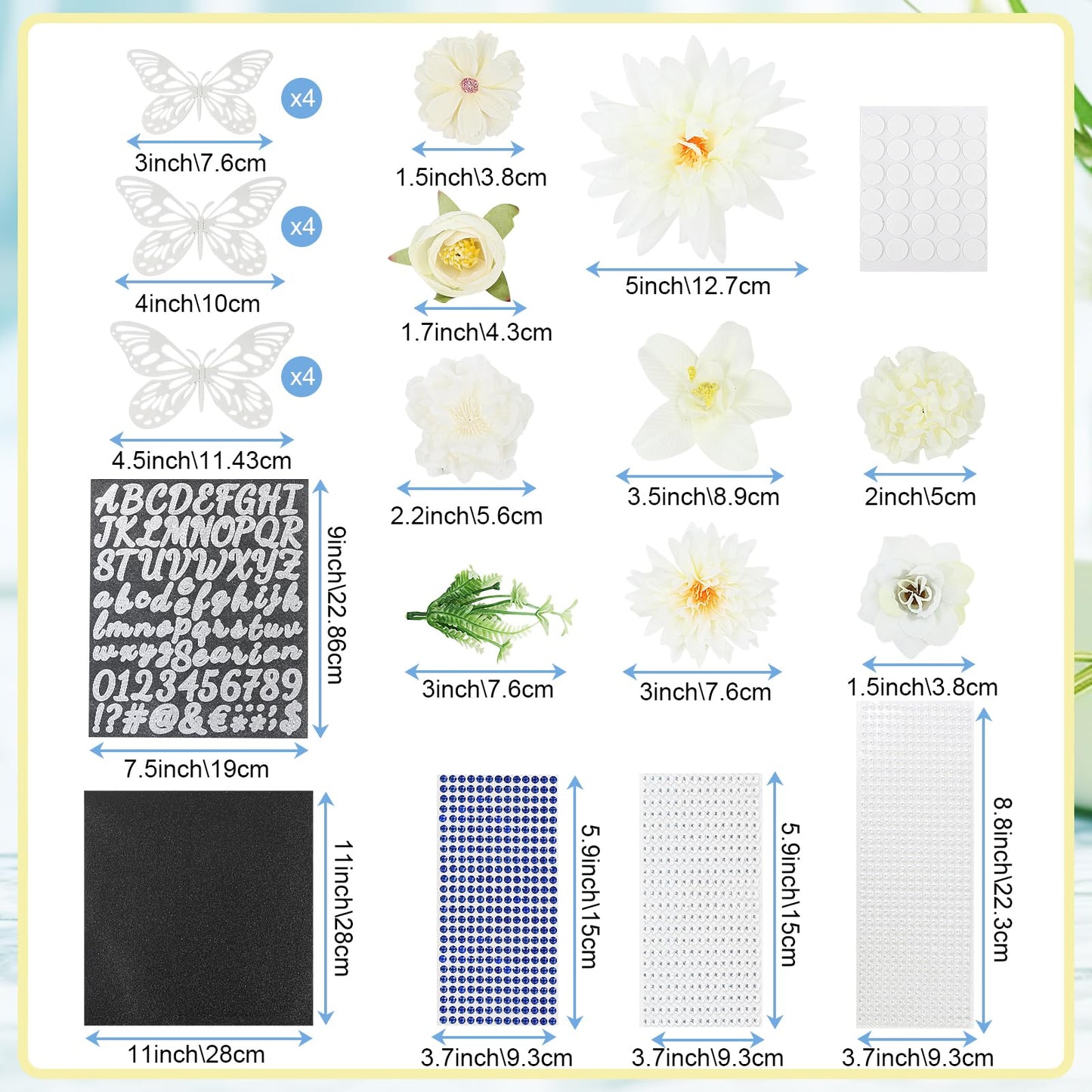 TKNOUS White Flower DIY Graduation Cap Decorations - Artificial Flower Heads, 3D Butterfly & Alphabet Letter Stickers, Glitter Paper for Art DIY Hat Grad Cap Topper