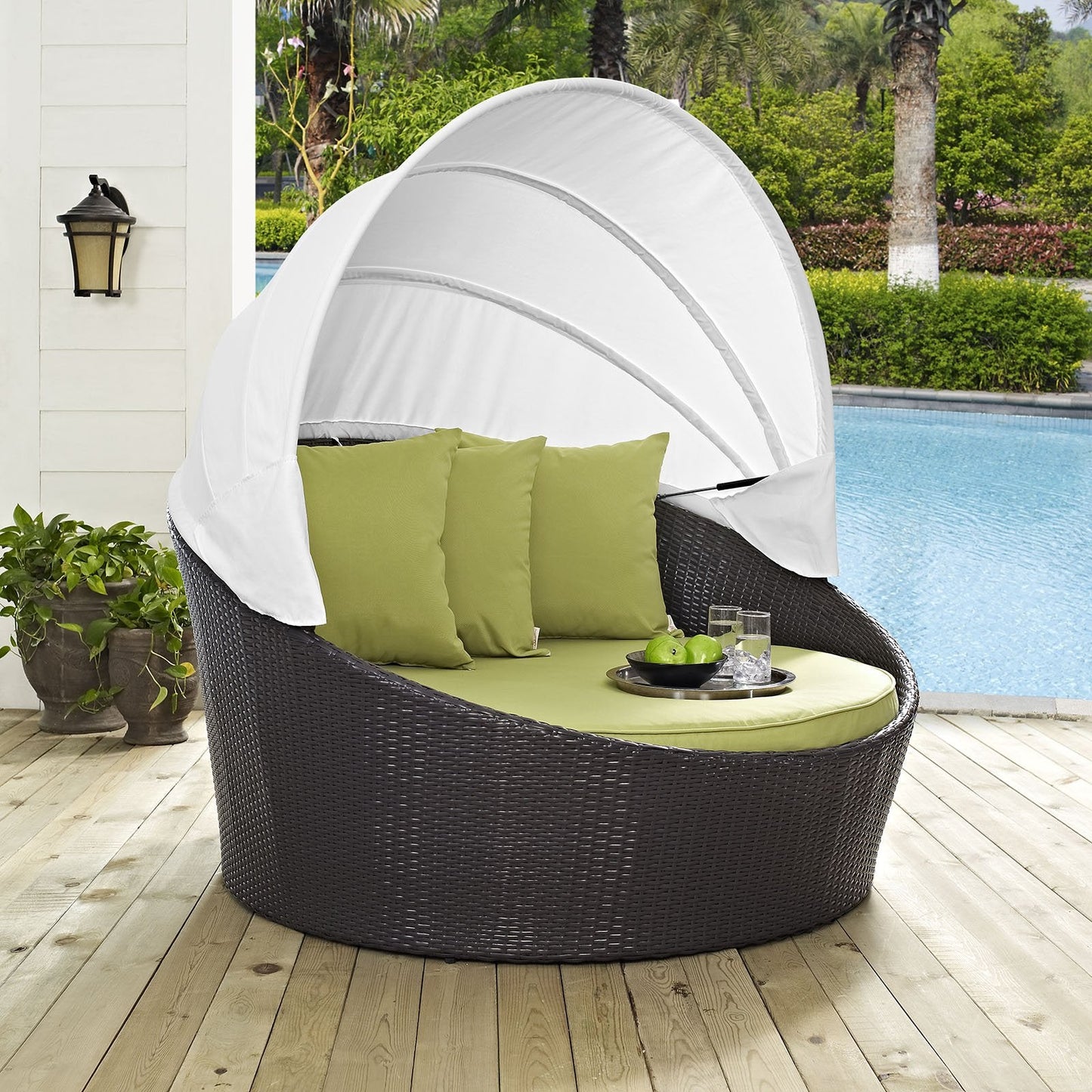 Modway Convene Wicker Rattan Outdoor Patio Retractable Canopy Round Poolside Sofa Daybed in Espresso Peridot