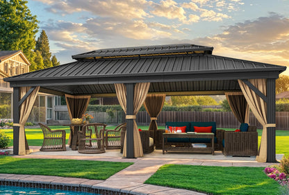 DWVO 12x18ft Hardtop Gazebo Double Roof with Nettings and Curtains, Heavy Duty Galvanized Steel Outdoor Vertical Stripes Roof for Patio, Backyard, Deck, Lawns, Brown
