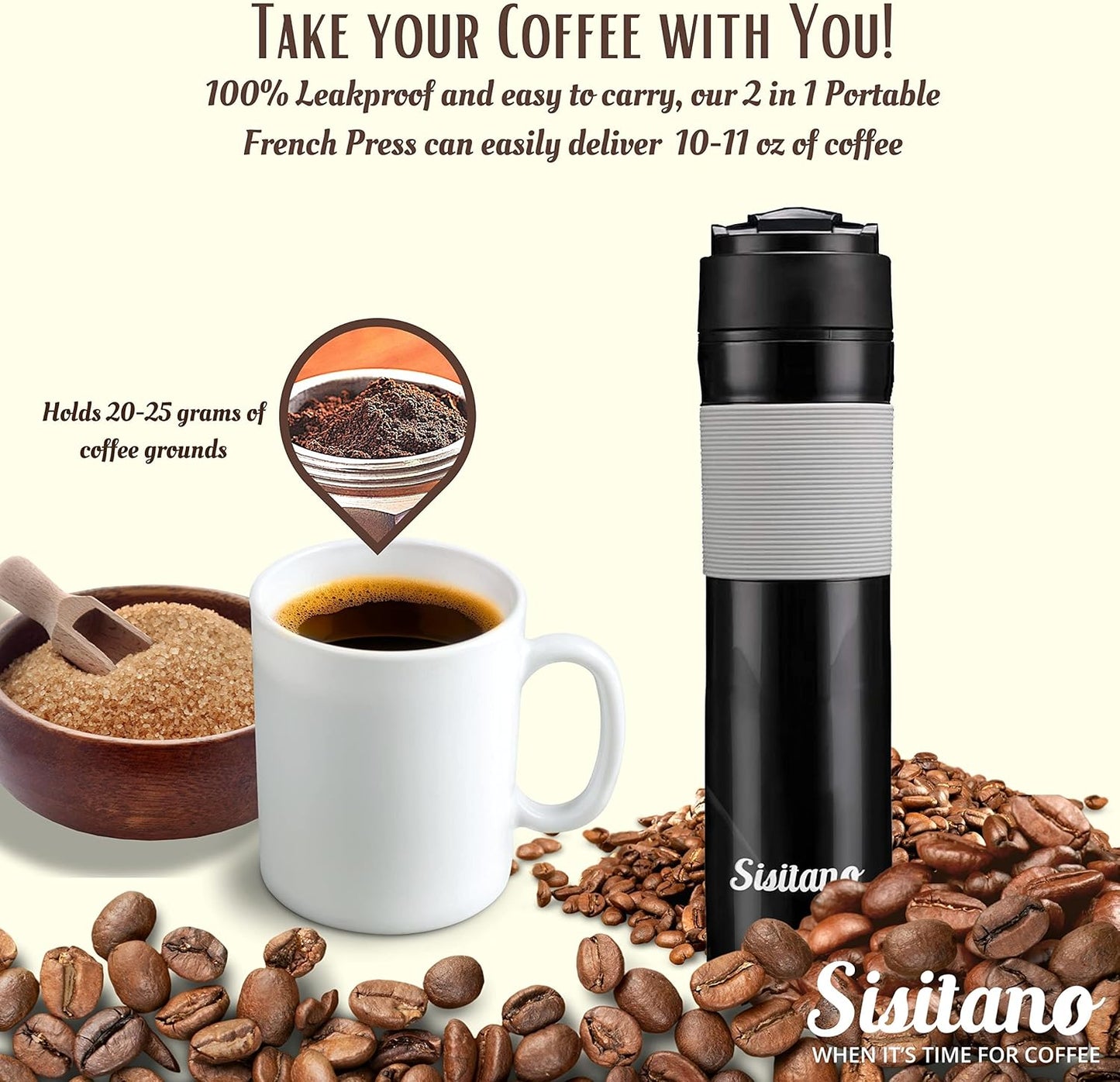 2in1 Travel French Press Coffee Maker, Portable 11.8 oz Tumbler for Ground Coffee & Tea Leaves, Iced Coffee Mug