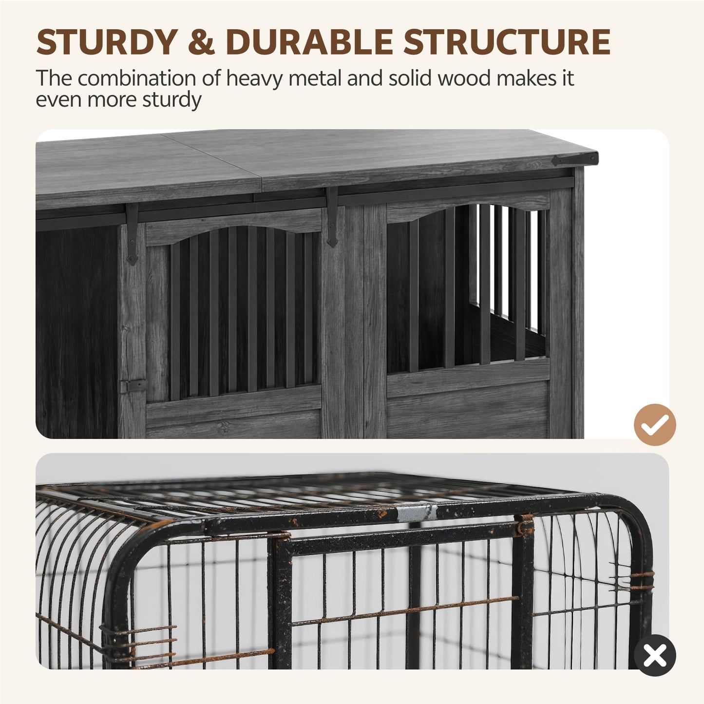 Homiflex 72" Double Dog Crate Furniture for 2 Medium Large Dogs Wooden Heavy Duty Dog Kennel Furniture with 2 Sliding Doors and Divider Decorative Dog Cage TV Stand End Table for Indoor, Grey