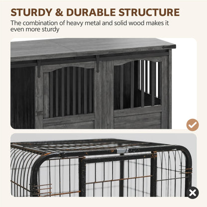 Homiflex 72" Double Dog Crate Furniture for 2 Medium Large Dogs Wooden Heavy Duty Dog Kennel Furniture with 2 Sliding Doors and Divider Decorative Dog Cage TV Stand End Table for Indoor, Grey