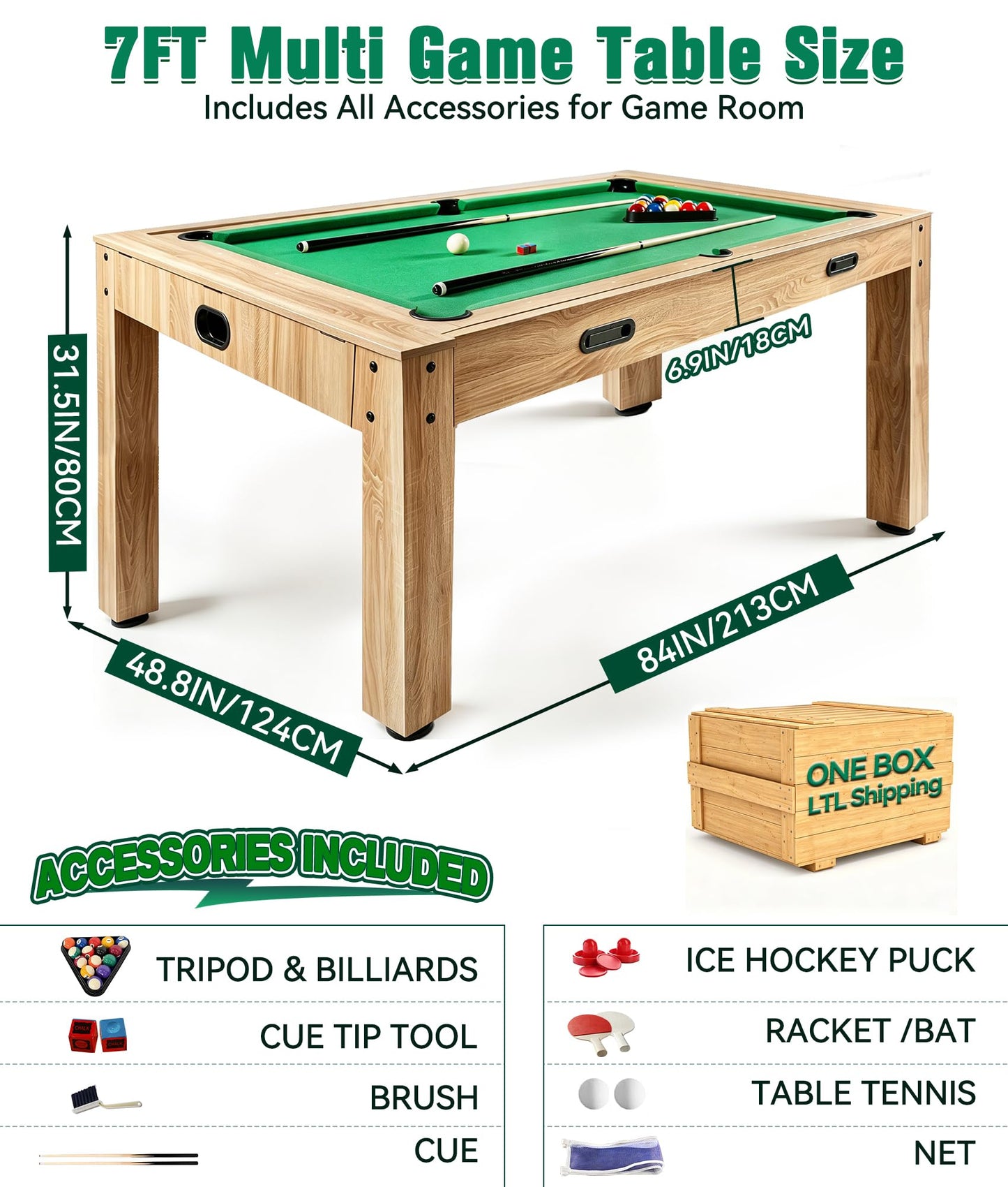 7FT 4-in-1 Multi Game Table with Pool Table Air Hockey Ping Pong, Convertible Pool Dining Table & Desktop with Locked Wheels, Complete Accessories Table Combo for Home, Game Room and Family Daily Use