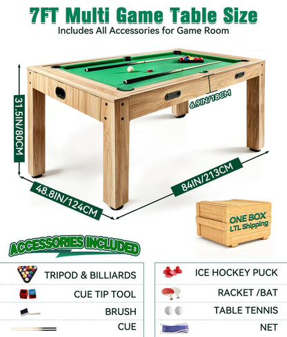 7FT 4-in-1 Multi Game Table with Pool Table Air Hockey Ping Pong, Convertible Pool Dining Table & Desktop with Locked Wheels, Complete Accessories Table Combo for Home, Game Room and Family Daily Use