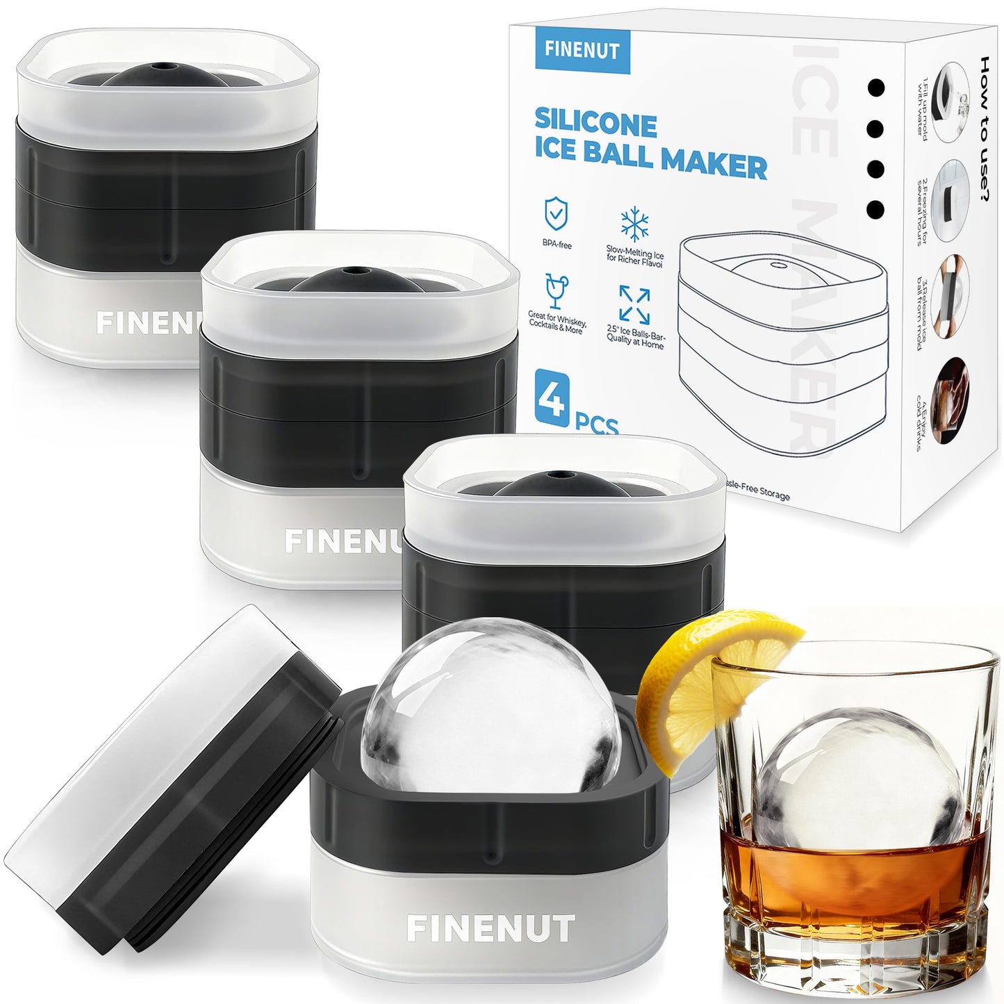 FINENUT Easy Release Ice Ball Maker Mold, 4 Pack, 2.5 Inch Large Round Ice Cube Mold for Whiskey & Cocktails, Stackable Lid, Reinforced Leak-Resistant Silicone, BPA-Free