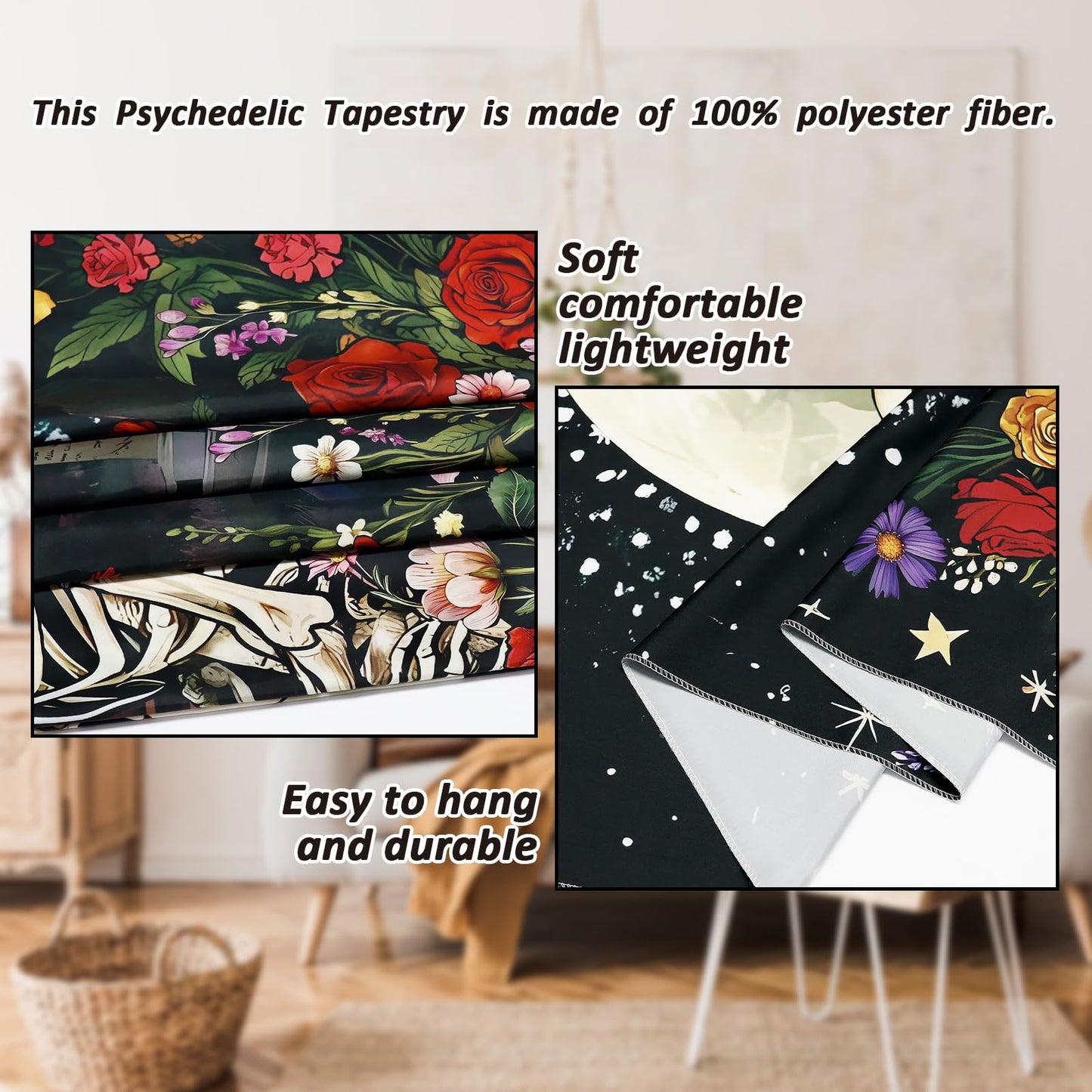 Serborlur Skeleton Lovers Tapestry Aesthetic Gothic Skull Tapestries Boho Romantic Flower Floral Wall Decor The Lovers Wall Hanging for Bedroom Living Room Dorm