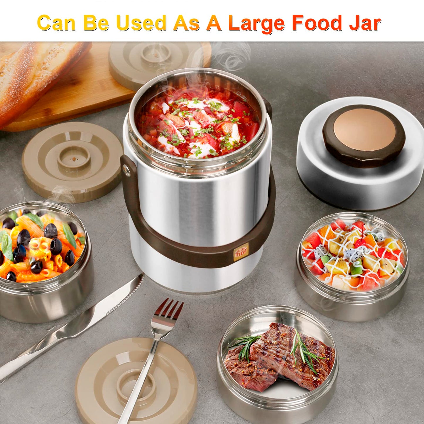 Pawovdeq 67 oz Adults Stainless Steel Vacuum Insulated Wide Mouth Soup Food Thermo Hot Food Jar with Keep Thermal Portable 3 Tier Stackable Bento Hot Food Containers Lunch Boxes (67 oz Silver)