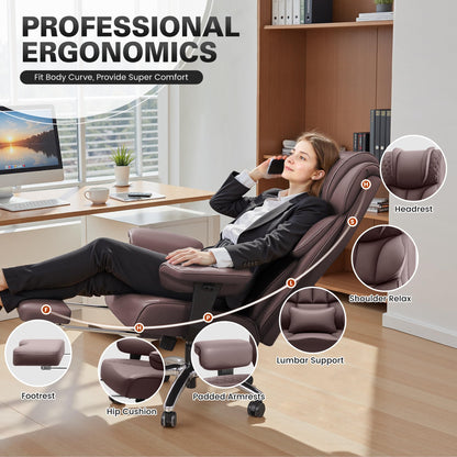 BestGlory Office Desk Chair, Big and Tall Leather Gaming Chair with Footrest, Wide Ergonomic Comfy Executive High-Back Reclining Computer Chairs, Swivel Rolling Wheels and Padded Lumbar Support,Coffee