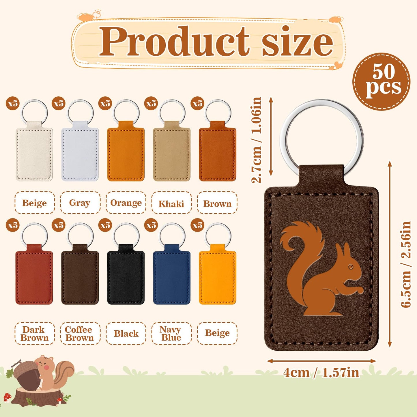 50 Pcs Blank Leather Keychains Bulk, Leather Blanks for Laser Engraving, Rectangular DIY Key Fob Kit with Metal Rings for Stamping Crafts, Personalized Gifts for Men Women