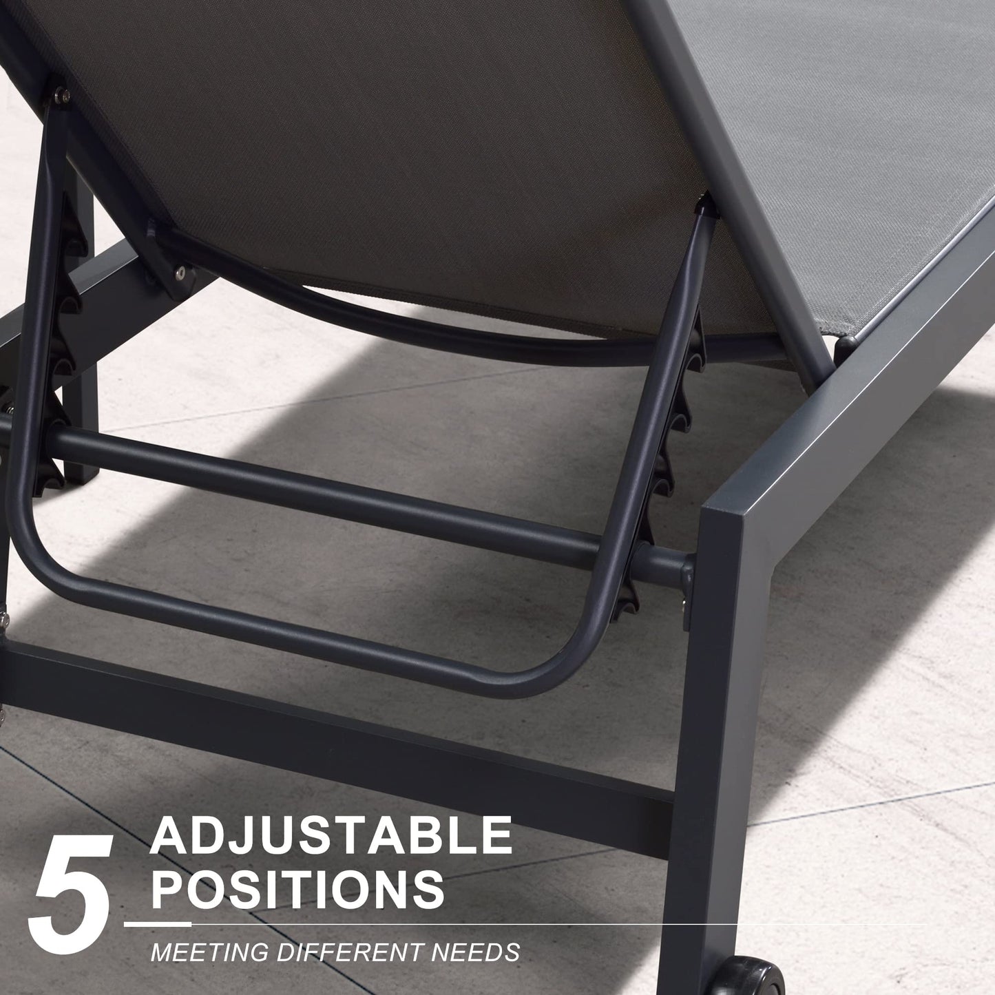 PURPLE LEAF Outdoor Chaise Lounge with Wheels for Outside 2 Pieces Aluminum Patio Lounge Chair with 5 Adjustable Position Sunbathing for Patio, Beach, Yard, Pool, Side Table Included, Grey