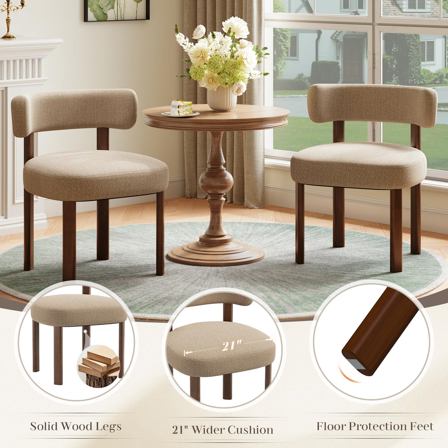 smartue Wooden Dining Chairs Set of 6, Upholstered Kitchen Chairs with Solid Wood Legs, Mid Century Dining Room Chair with Ergonomic Curved Backrest for Kitchen Dining Vanity, Camel