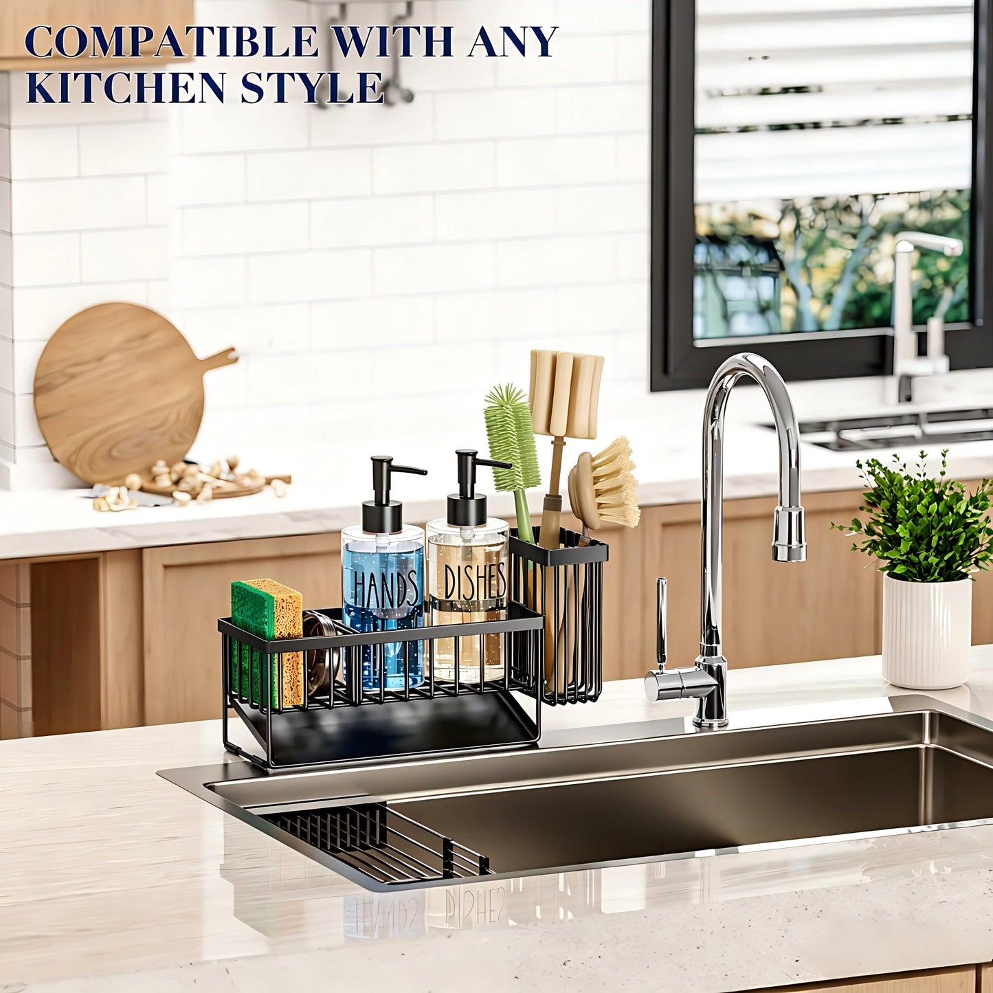 MASADI Kitchen Sink Caddy with Dish Soap Dispenser Set, 12OZ Glass Bottle, Hand and Dish Soap Dispenser Set, Non-Slip Silicone Pad, Brush Holder, Kitchen Sink Organizer Countertop (Black+Clear)