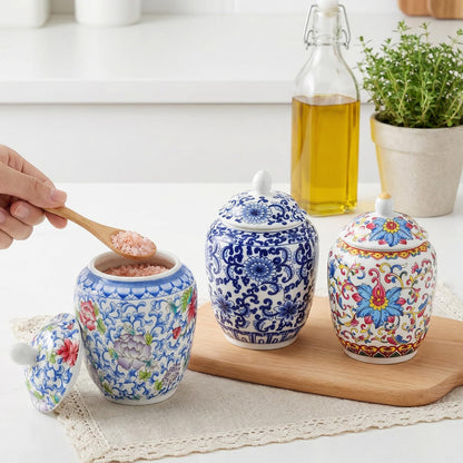 Okllen Set of 3 Small Blue and White Porcelain Salt Cellar with Airtight Lid, 250ml/ Approx. 1 Cup Sugar & Salt Crock Container Ceramic Spice Jar for Kitchen Countertop