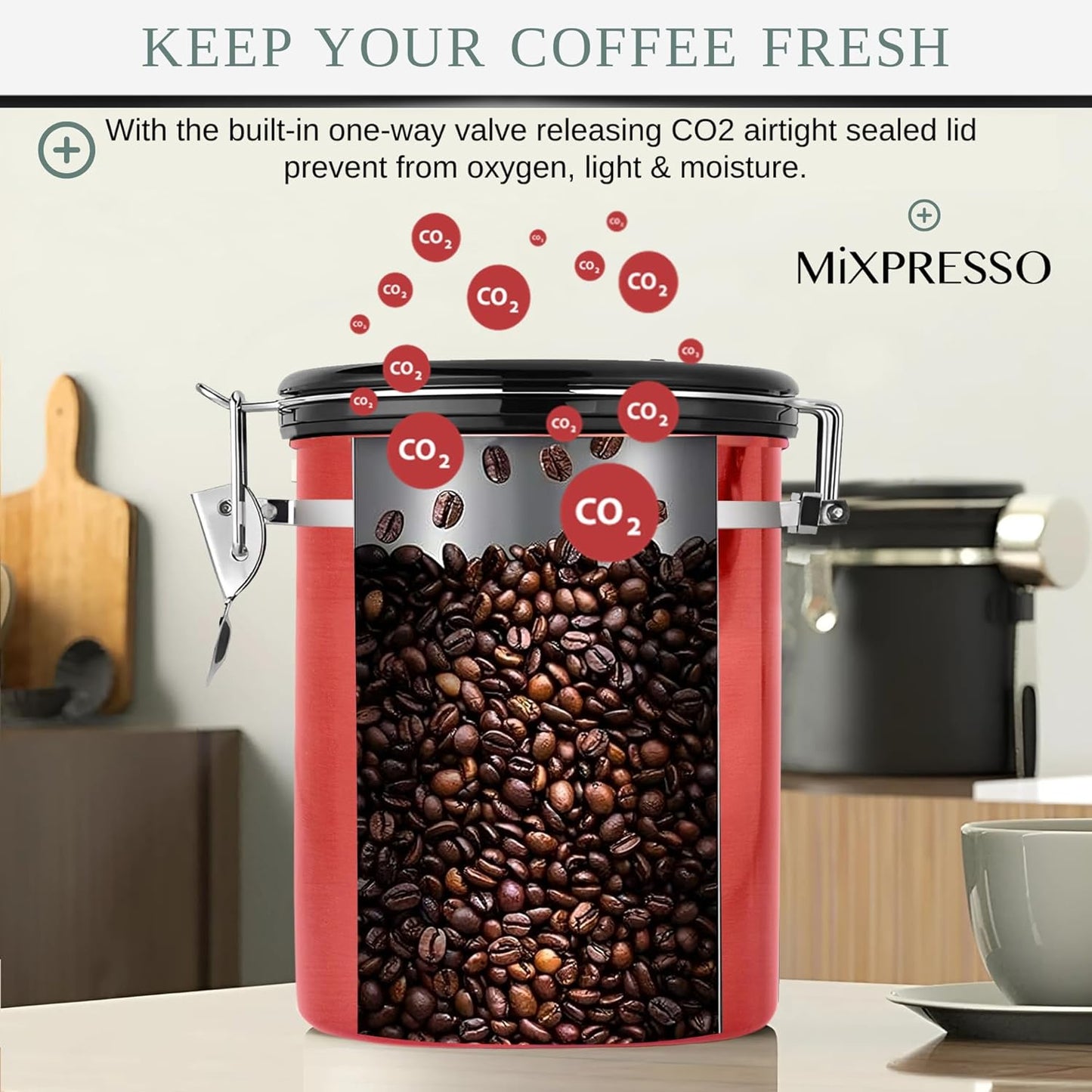Mixpresso 16 Oz Red Coffee Canister, Stainless Steel Airtight Container with Date Tracker, Vacuum Sealed