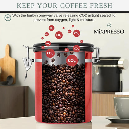 Mixpresso 16 Oz Red Coffee Canister, Stainless Steel Airtight Container with Date Tracker, Vacuum Sealed