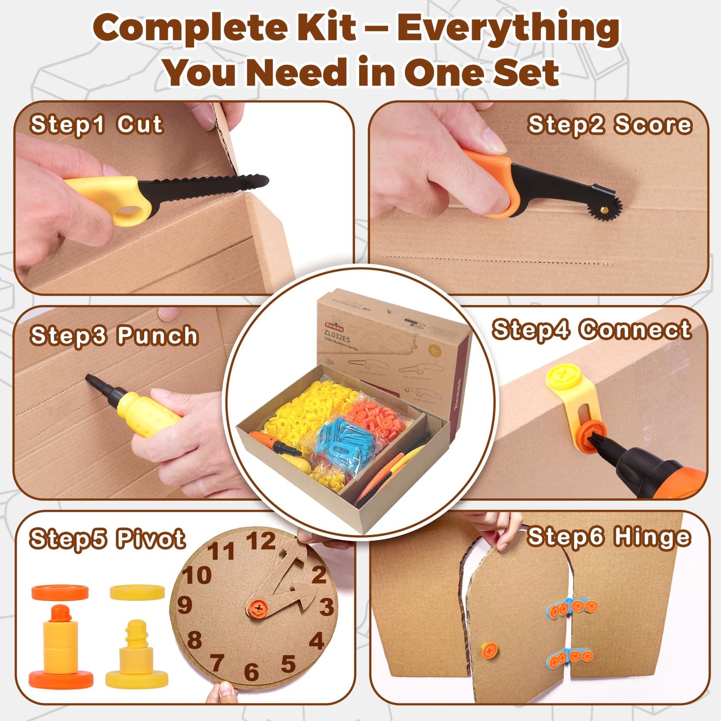 ZLemma Cardboard Construction Kit - 401 PCS Kids Building Set with Safe Serrated Cutter, Crease Roller, Screws & Nuts, STEM Upcycled Tool for DIY Cardboard Projects, Engineering & Creativity