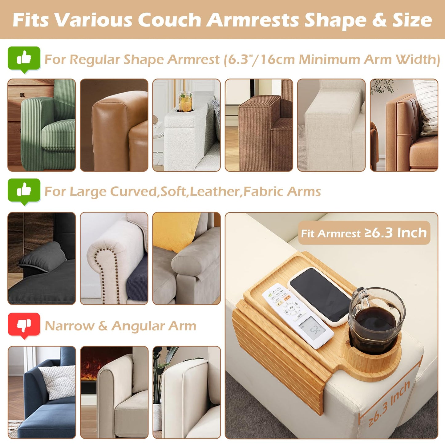 GHKINMAL Couch Cup Holder Tray, 3 in 1 Couch Arm Trays,Large Bamboo Chair Arm Rest Tray with 360° Cup Holder,Removable Anti-Slip Organizer for Snack Eating