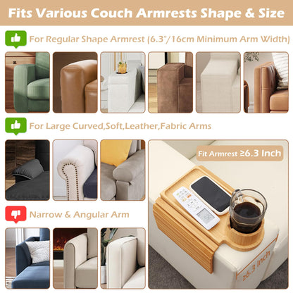 GHKINMAL Couch Cup Holder Tray, 3 in 1 Couch Arm Trays,Large Bamboo Chair Arm Rest Tray with 360° Cup Holder,Removable Anti-Slip Organizer for Snack Eating