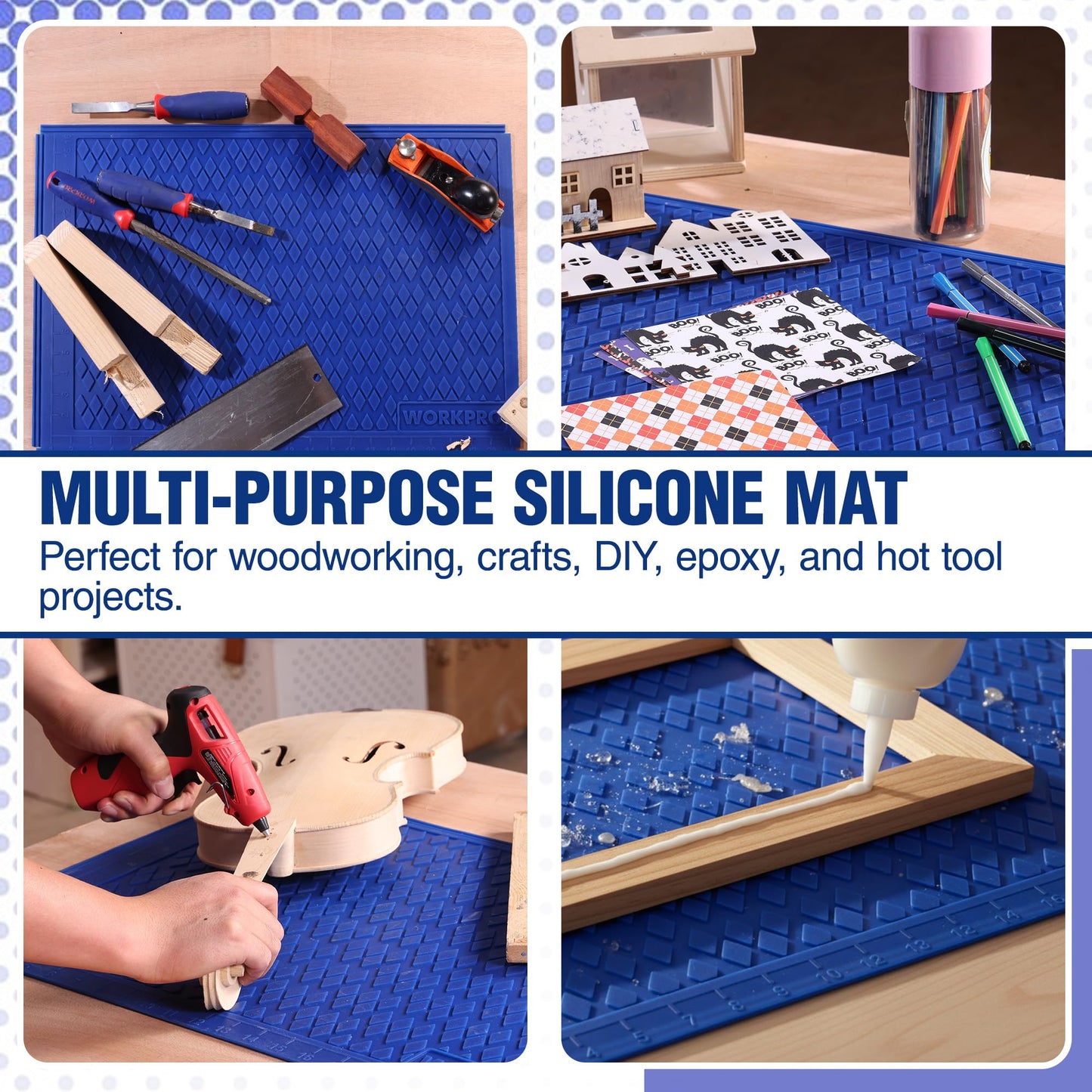 WORKPRO Silicone Glue Mat, Non-Stick Heat-Resistant Silicone Pad with Built-in Measurement Grid, Anti-Slip & Durable Surface for Resin, Epoxy, DIY, Crafts, Woodworking, Garage & Workshop
