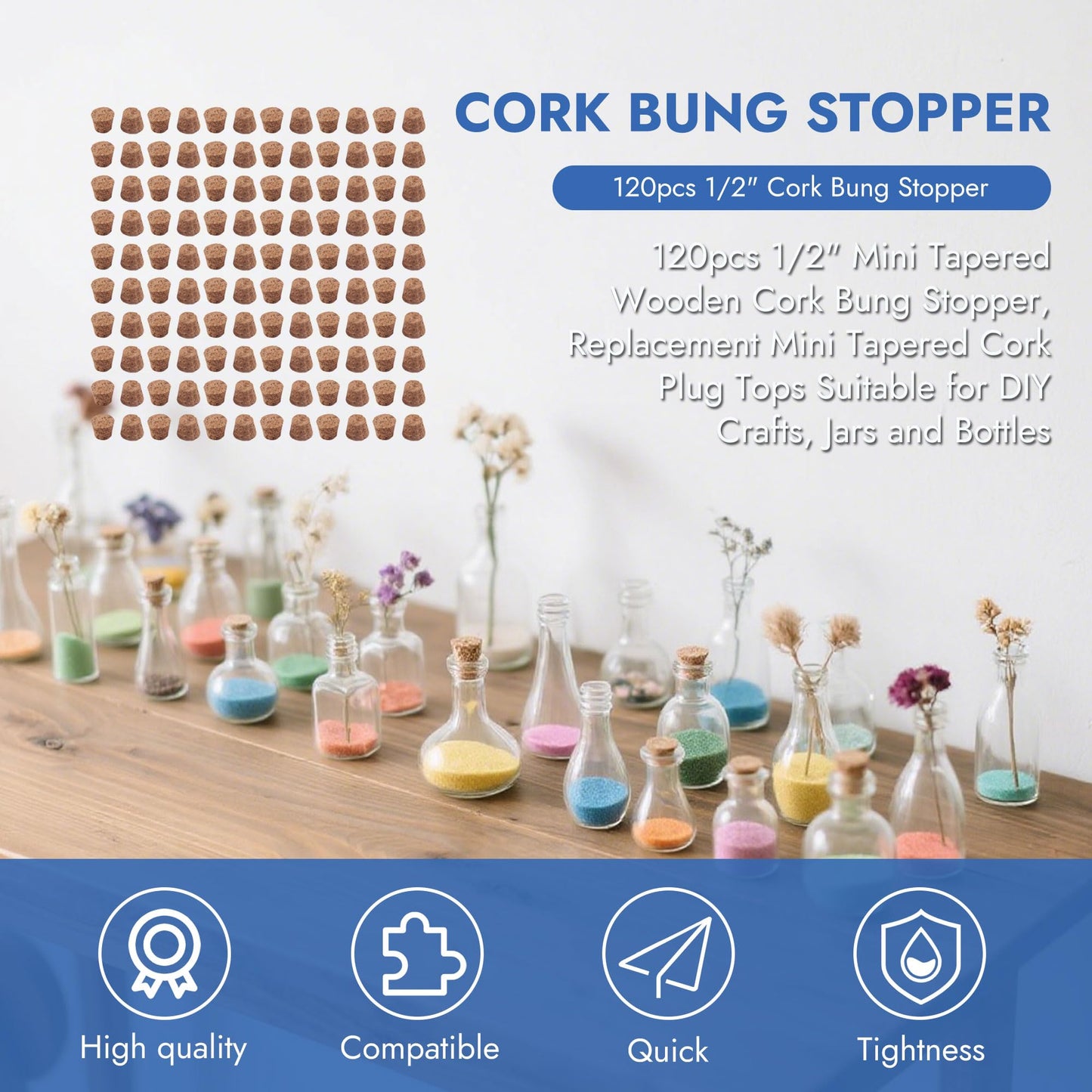 1/2 Inch Mini Tapered Cork Stoppers 120 Pcs Wooden Wine Bottle Corks Reusable Small Bottle Plugs Durable Replacement Wine Stoppers for Jars, Beer Bottles, Apothecary Jars & DIY Craft