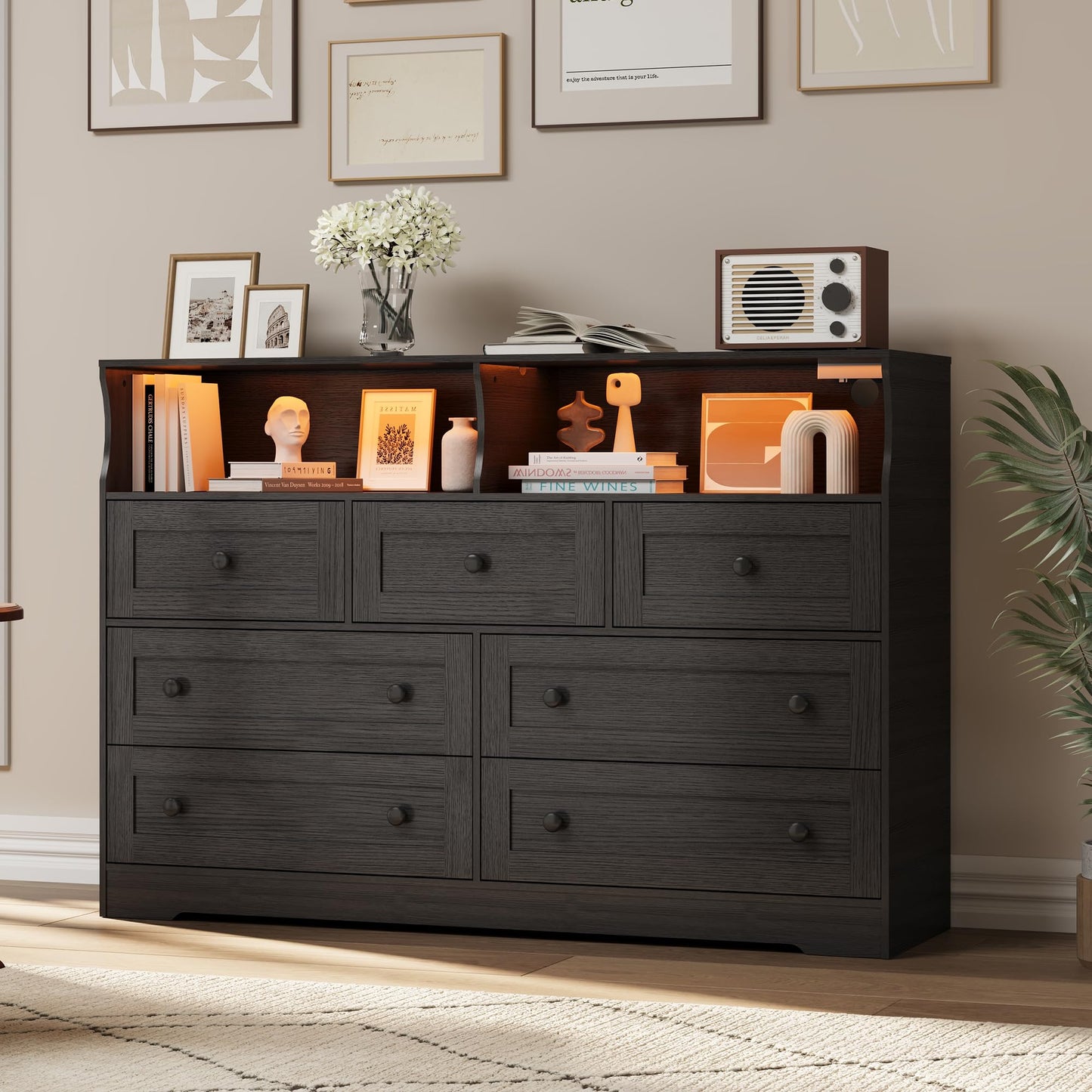 IDEALHOUSE Dresser for Bedroom with 7 Drawers, LED Lights & Charging Station, Wooden Chest with 2 Open Compartments, Freestanding Storage Organizer for Closet, Nursery, Entryway, Black
