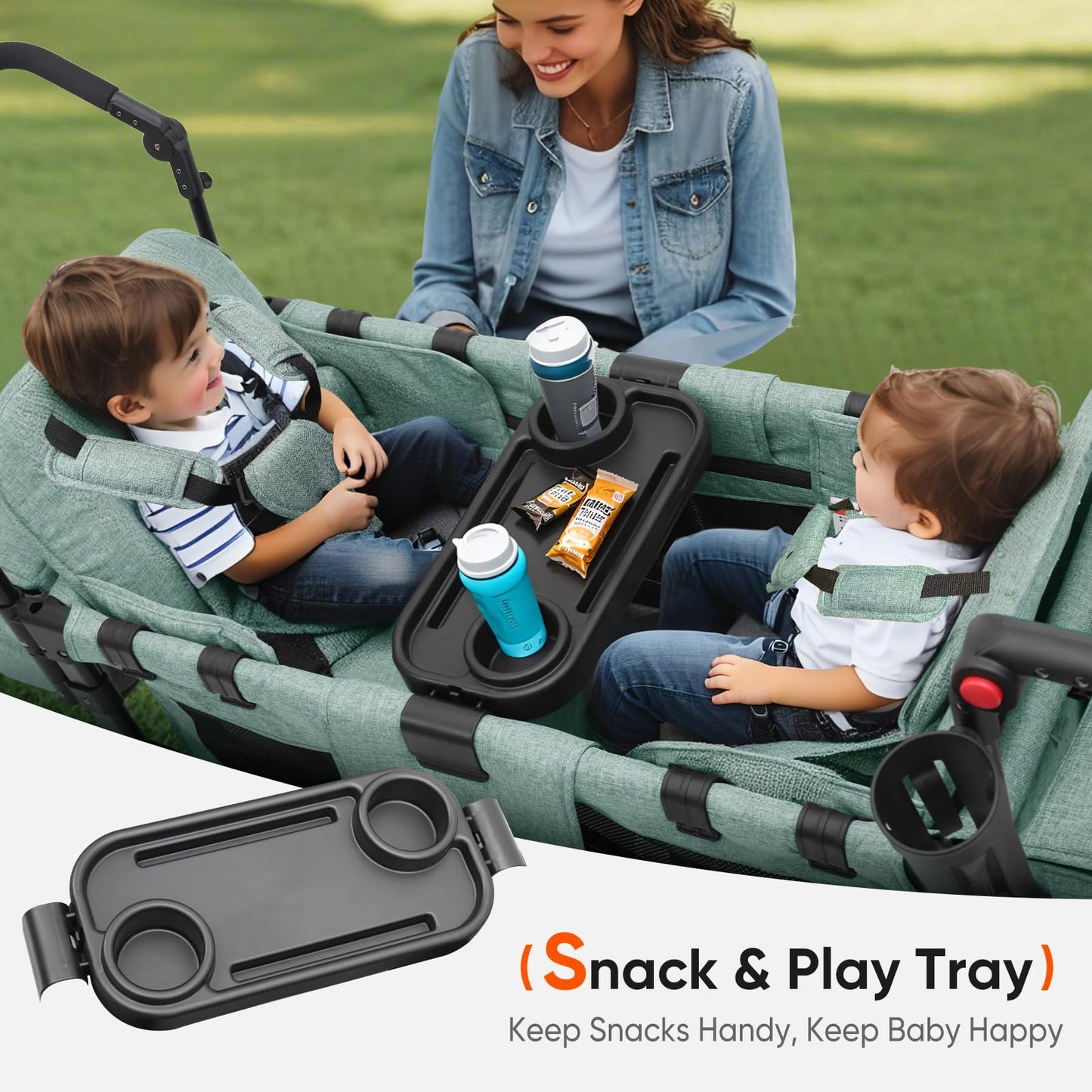 Sekey Wagon Stroller for 2 Kids, Luxury 4-in-1 Stroller Wagon - Premium Quality with Convertible Seats, Adjustable Push Handles, Removable Canopy, Snack Tray & Cooler, US Certified.