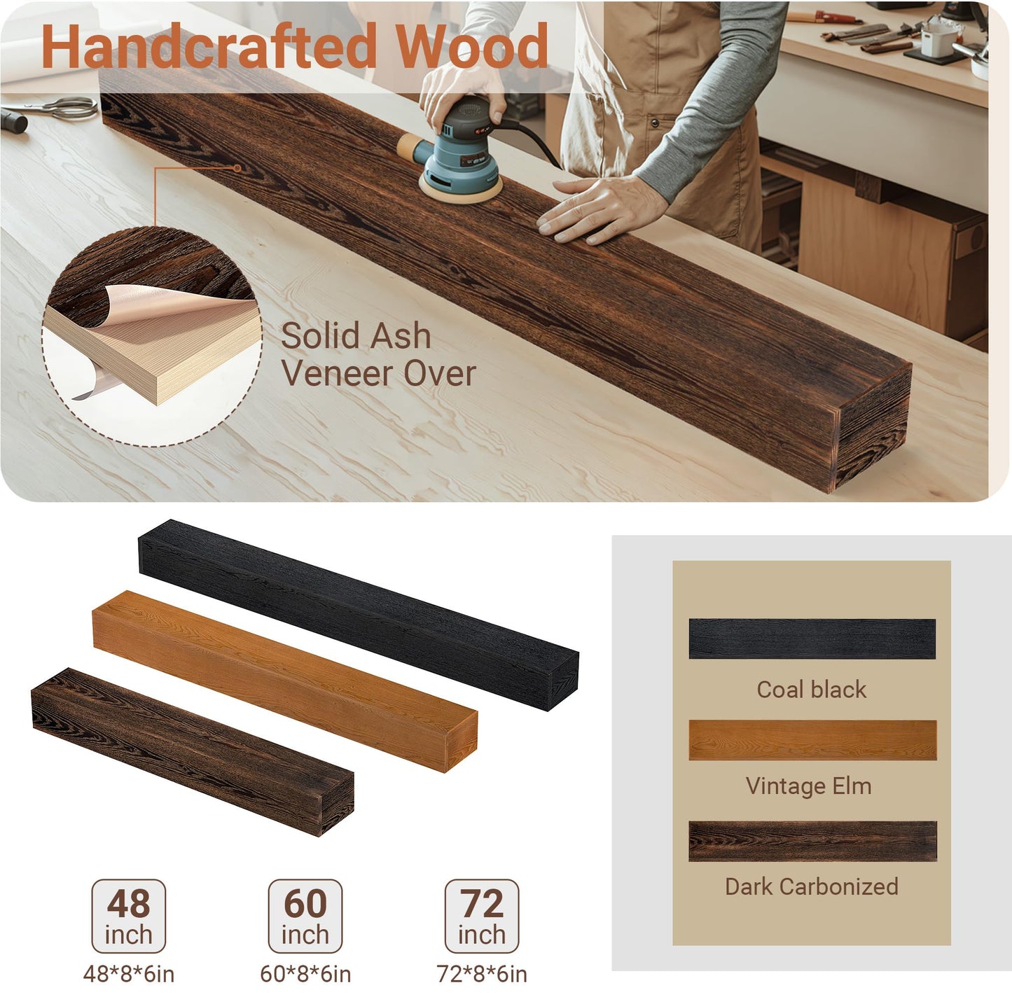 Heimlove Fireplace Mantel Shelf 72 Inch,Handmade Rustic Solid Wood Mantles for Over Fireplace,Wall Mounted Floating Fireplace Mantel Shelf for Living Room Decor,72"x 8"x 6"-Dark Carbonized