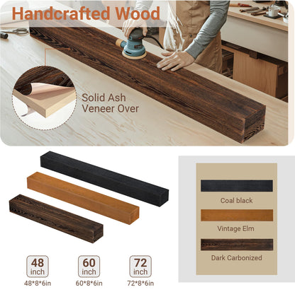 Heimlove Fireplace Mantel Shelf 72 Inch,Handmade Rustic Solid Wood Mantles for Over Fireplace,Wall Mounted Floating Fireplace Mantel Shelf for Living Room Decor,72"x 8"x 6"-Dark Carbonized