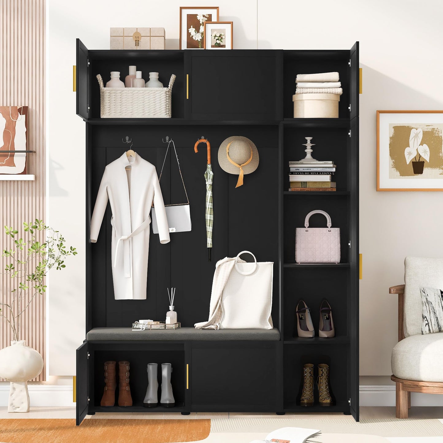 Shaical Hall Tree with Padded Bench and Shoe Storage, 4-in-1 Entryway Bench with Multi-Tier Storage Shelves & Cabinets, 4 Hooks, 79.7" H Wooden Storage Organizer for Entrance, Hallway, Mudroom, Black