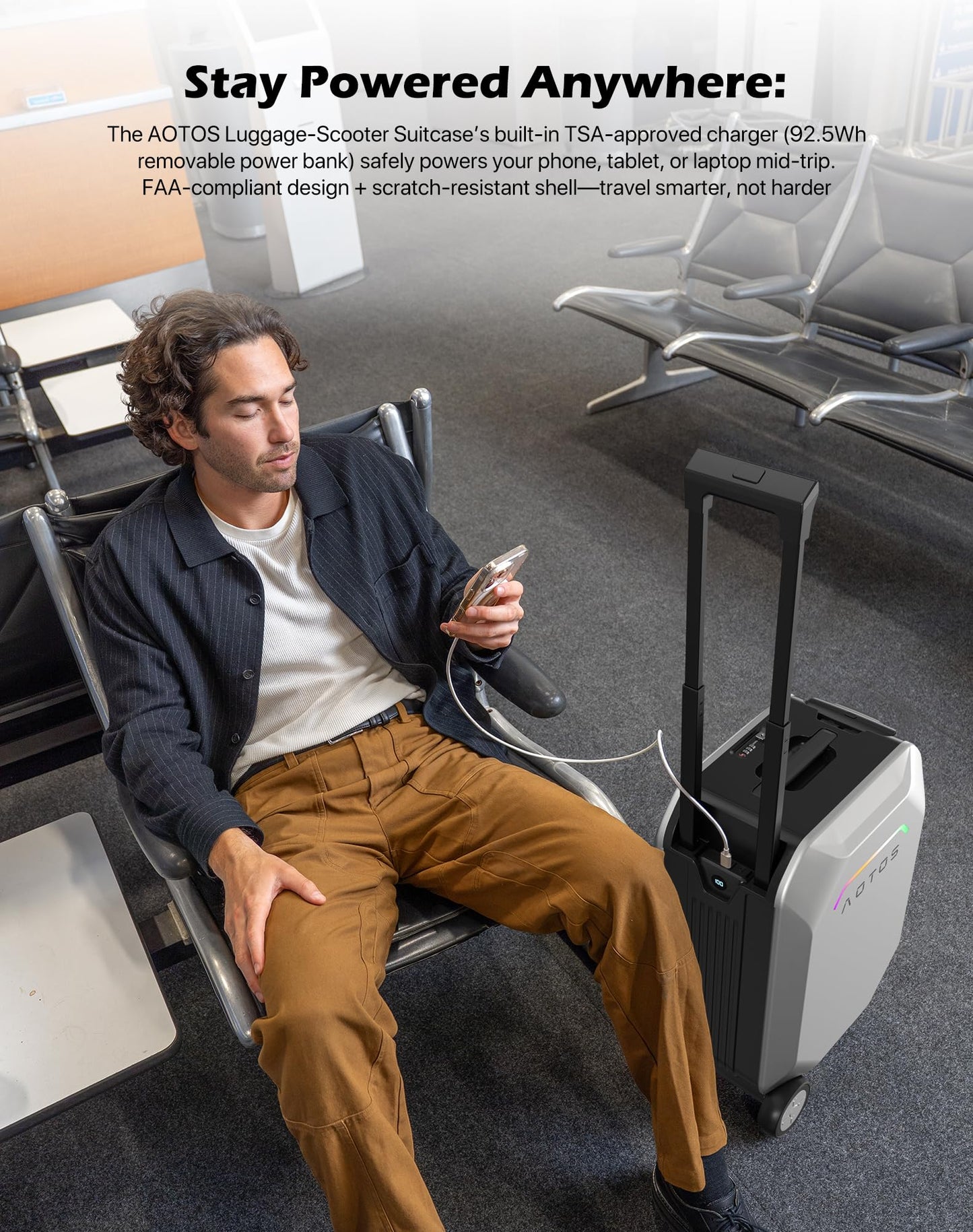 AOTOS Smart Rideable luggage-Roller carry-on luggage 22x14x9-TSA,Airline-Approved 22 inch Hardshell,Zipperless Travel Suitcase with Rolling Wheels,App Control-Cabin Suitcase for Airport Travel(Silver)