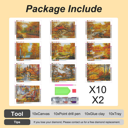 Stalente 10 Pack Diamond Painting Kits for Adults, Landscape Autumn Round Full Drill Diamond Art Kits, 5D DIY Paint with Diamonds Crafts for Home Wall Decoration Gifts 12×16 Inch