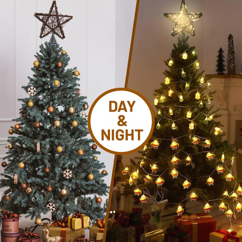 Christmas Tree Topper Star,Rattan Christmas Tree Topper with 50 LED Light,10 Inch Warm White Light Rustic Star for Christmas Tree Decoration Holiday Farmhouse Decor Battery & USB Powered