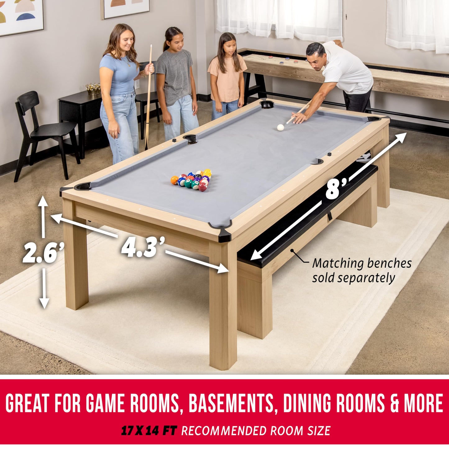 GoSports 8 ft 3 in 1 Pool, Dining, & Table Tennis Combo Table and Storage Benches - Convertible Billiards with Game Accessories - Light Birch