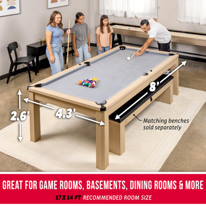 GoSports 8 ft 3 in 1 Pool, Dining, & Table Tennis Combo Table and Storage Benches - Convertible Billiards with Game Accessories - Light Birch